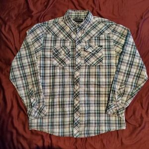 Empyre Teal, Black, Red, And White Plaid Button Down Shirt